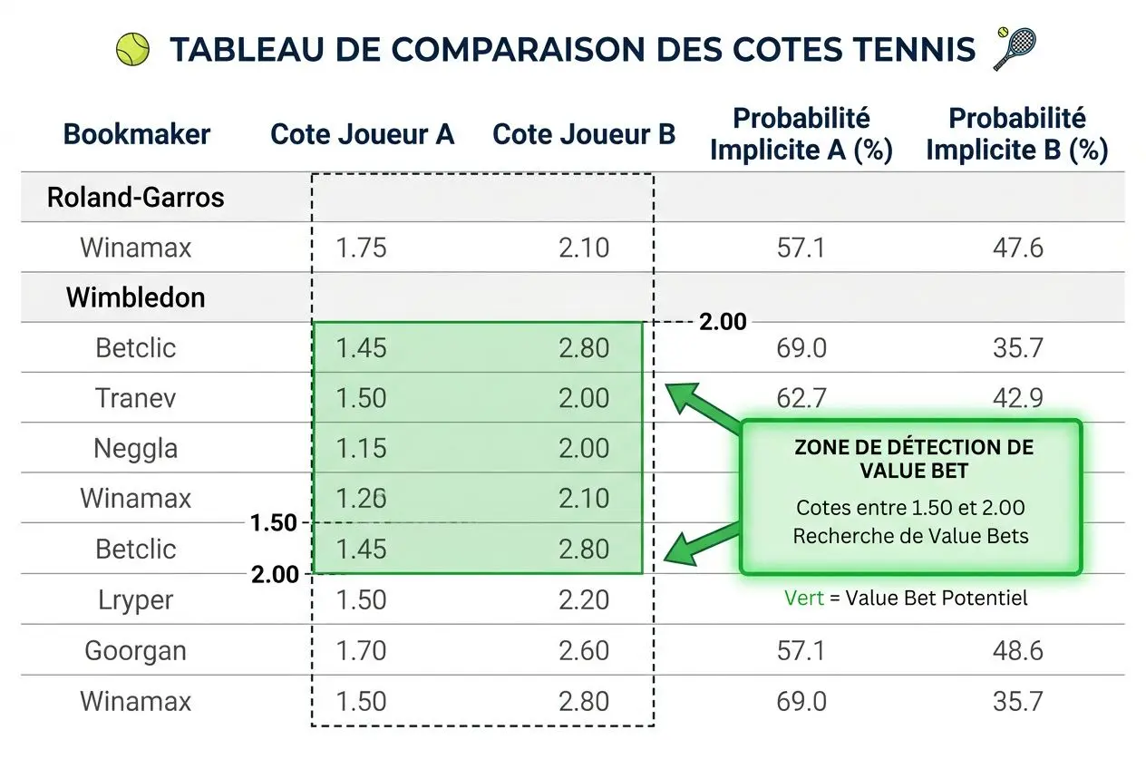 Tableau de comparaison des COTES TENNIS avec Betclic et autres bookmakers; zones vertes indiquent les value bets entre 1.50 et 2.00 pour Betclic. pronostic tennis betclic intégré.