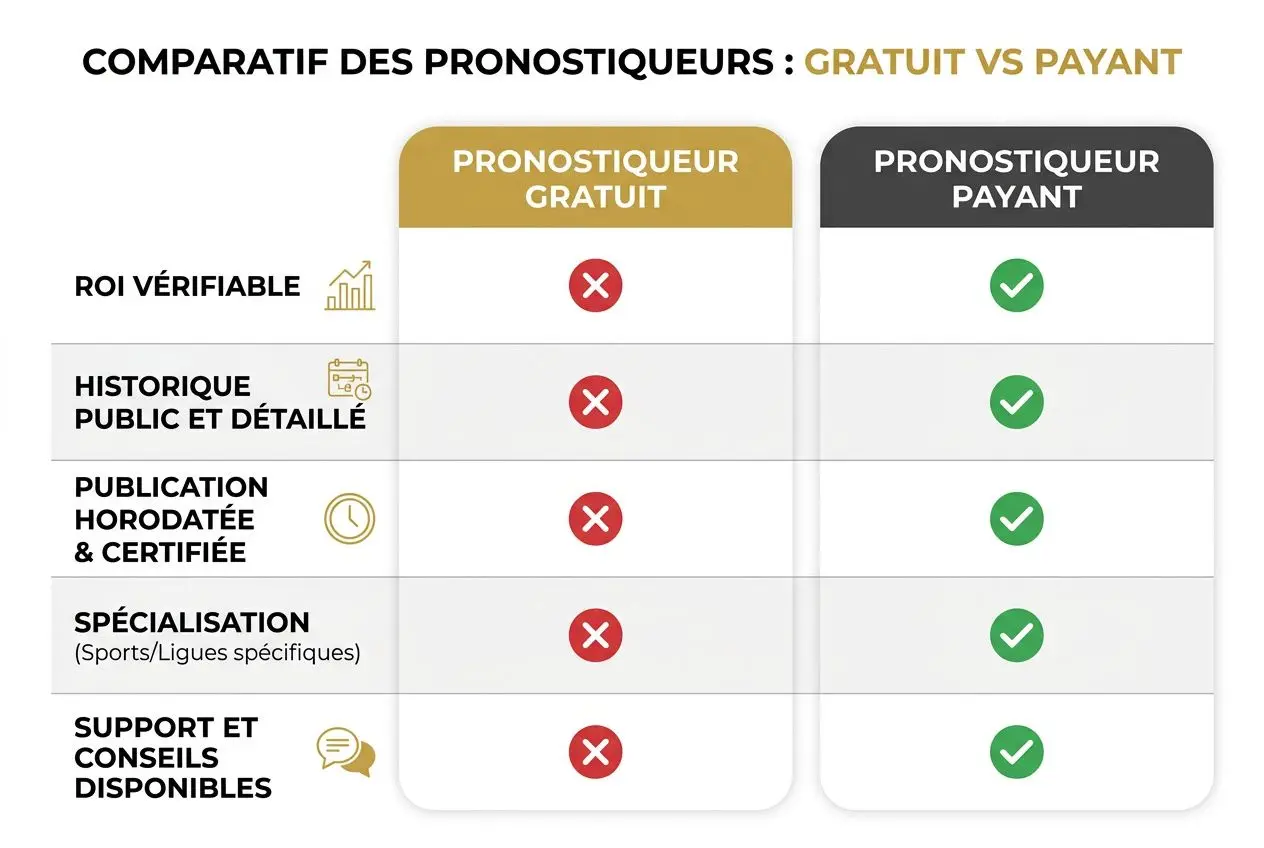 Tableau comparatif montrant « Pronostiqueur gratuit » vs « Pronostiqueur payant » avec icônes rouge/vert pour les critères: ROI vérifiable, historique public et détaillé, publication horodatée & certifiée, spécialisation sports/ligues, support et conseils disponibles. Inclut le cadre « pronostiqueur connue ».