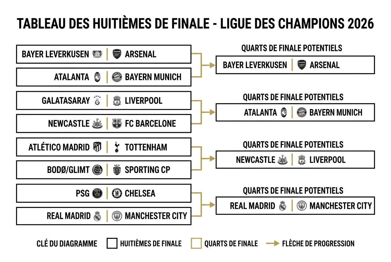 Tableau des huitièmes de finale - Ligue des Champions 2026: affiches de rencontres et quarts de finale potentiels, avec flèches de progression. Inclut les duels Bayer Leverkusen-Arsenal, Atalanta-Bayern Munich, Galatasaray-Liverpool, Newcastle-Real Madrid, Atlético Madrid-Tottenham, Bodø/Glimt-Sporting CP, PSG-Chelsea et Real Madrid-Manchester City.