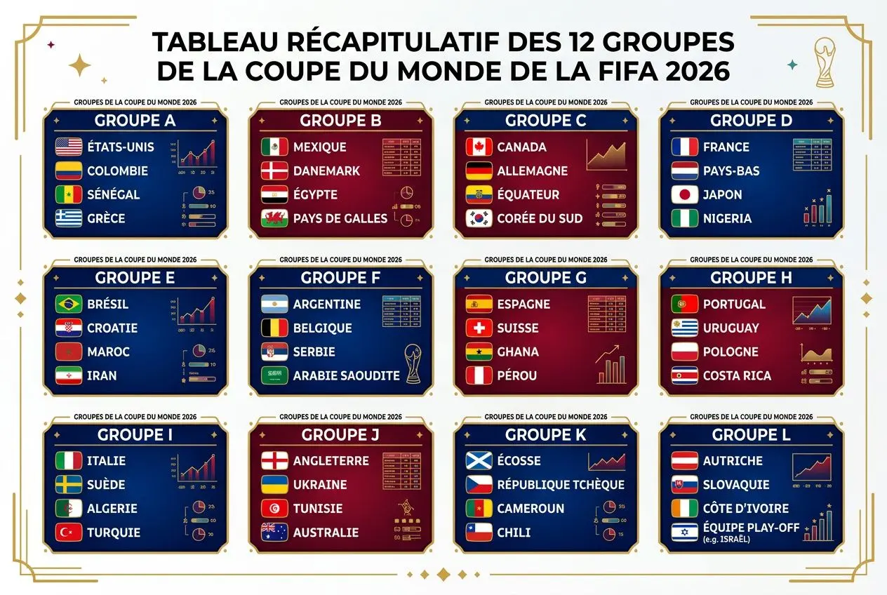 Tableau récapitulatif des 12 groupes de la coupe du monde 2026 foot, Groupes A à L avec pays participants.