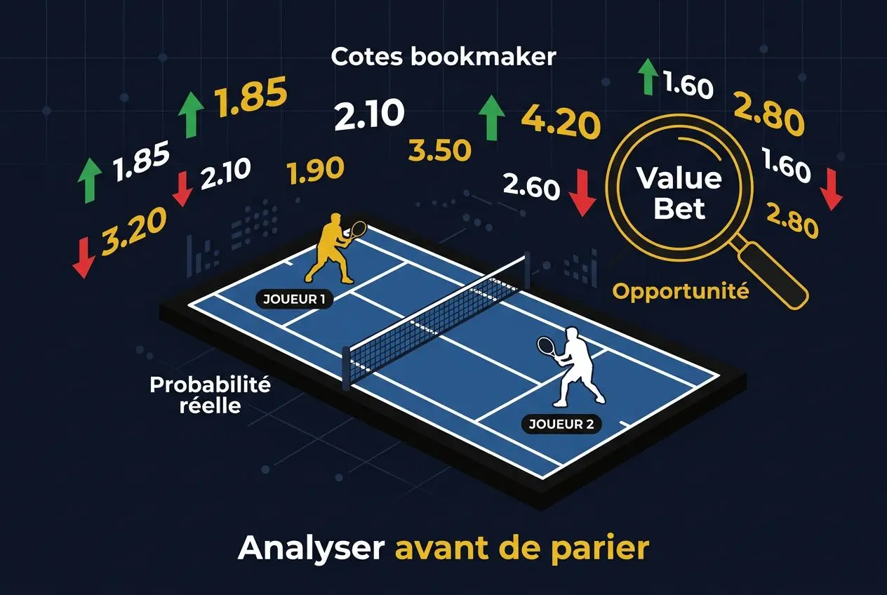 Tableau de tennis desk avec cotes bookmaker, joueurs sur le court et flèches de probabilités; mot-clé intégré: comment gagner pronostic tennis.