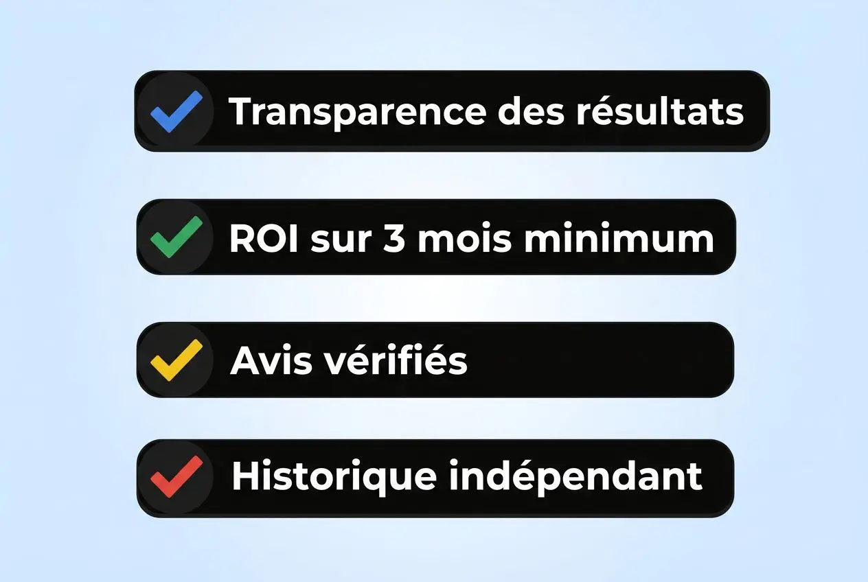 Tipster fiable telegram : liste des garanties affichées (transparence des résultats, ROI sur 3 mois minimum, avis vérifiés, historique indépendant)