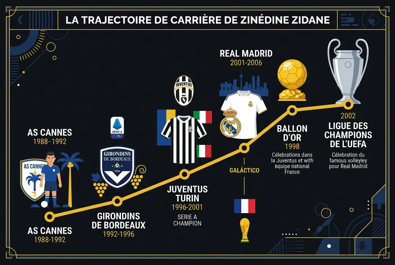 Trajectoire de carrière de Zinédine Zidane: parcours de l’AS Cannes à l’OM, Juventus, Real Madrid, titres et Ligue des Champions, avec ballon d’or en 1998 et célébrations. Anniversaire zinedine zidane.