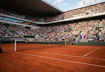 Tribunes remplies au Roland-Garros, court en terre battue rouge avec filet et nombreux spectateurs.