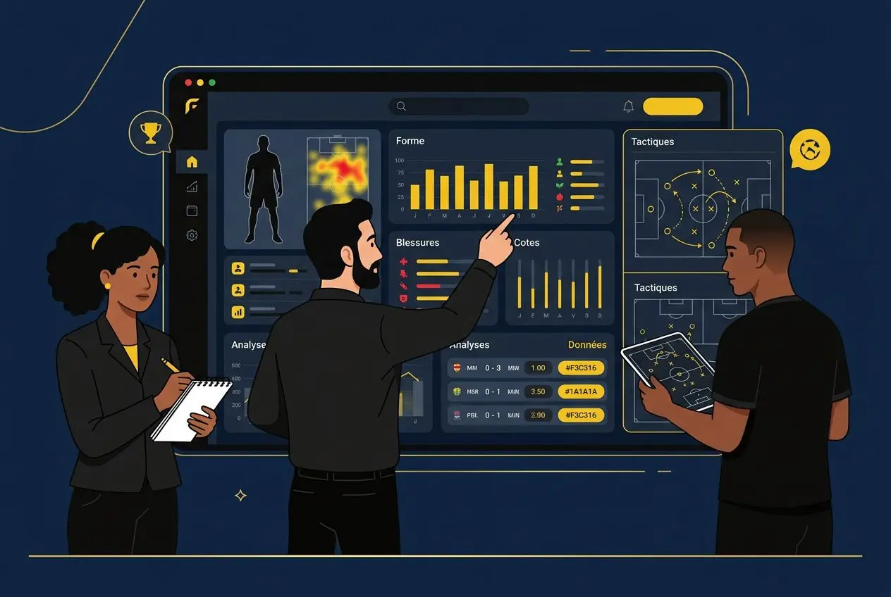 Trois analystes autour d’un grand écran affichant des graphiques et analyses de football, sous-titrage "tactiques" et données, pour le meilleur site de pronostic foot au monde.