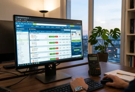 Utilisateur calculant les cotes 1xbet sur un écran d’ordinateur, avec clavier et calculatrice à côté. (intégrer le mot-clé naturellement : “comment calculer les cotes sur 1xbet”)