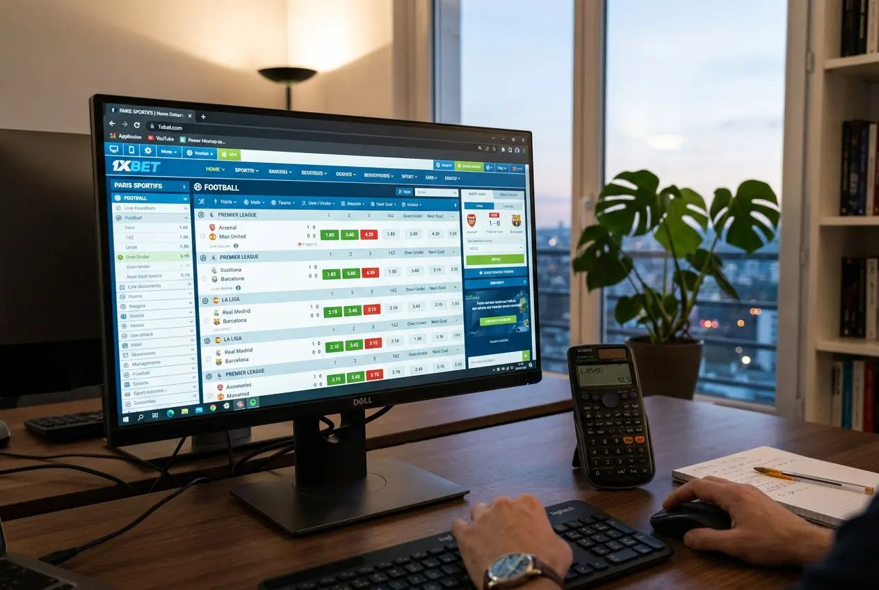 Utilisateur calculant les cotes 1xbet sur un écran d’ordinateur, avec clavier et calculatrice à côté. (intégrer le mot-clé naturellement : “comment calculer les cotes sur 1xbet”)
