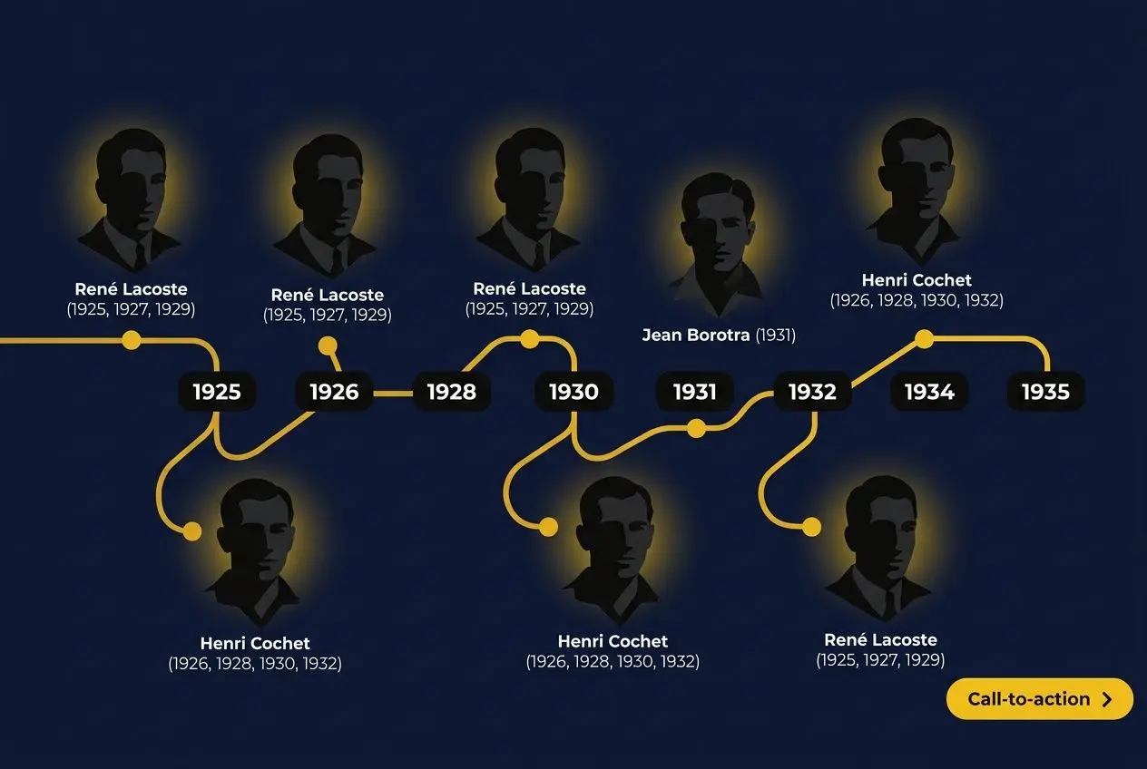 Vainqueur Roland-Garros : frise chronologique des champions hommes et femmes avec portraits et trajectoires.