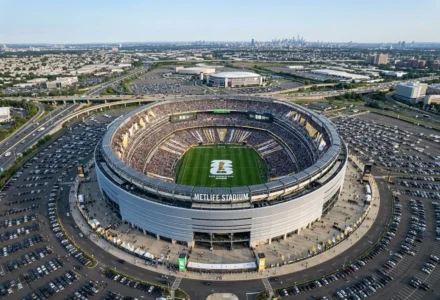 Vue aérienne du MetLife Stadium rempli lors d’un match ou événement, entouré d’un grand parking et d’infrastructures urbaines à perte de vue. comment la coupe du monde 2026 sera organisée