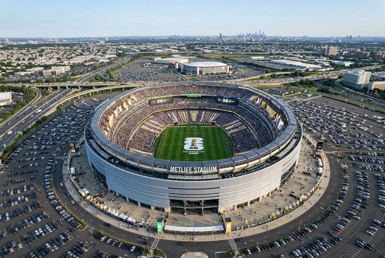 Vue aérienne du MetLife Stadium rempli lors d’un match ou événement, entouré d’un grand parking et d’infrastructures urbaines à perte de vue. comment la coupe du monde 2026 sera organisée