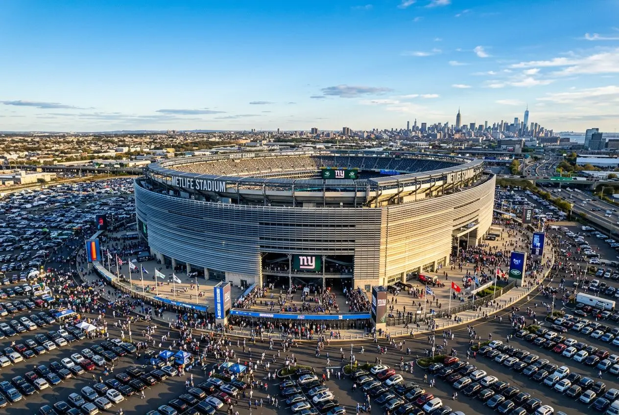 Vue aérienne du stade MetLife à East Rutherford, entouré d’un immense parking et d’une foule prête pour la coupe du monde de football 2026.
