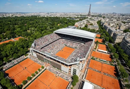 Vue aérienne du stade Roland-Garros entouré de courts en terre battue, avec Paris en arrière-plan et la tour Eiffel au loin. où se joue roland garros 2026, site et dates à Paris.