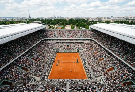 Vue d’ensemble d’un court central de Roland-Garros entouré de tribunes bondées, avec le public et le terrain rouge en feutre. tête de série roland-garros 2026 est évoquée dans le contexte de l’article.