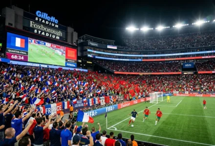 Action de la demi-finale mondiale 2026 France contre Maroc, stade comble et supporters en bleu, blanc et rouge. Morocco vs France 2-0. Maroc france 2026.