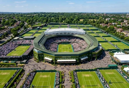 Aéroport d’un tournoi de tennis Wimbledon: vue aérienne du court central et des terrains adjacents, ambiance finale messieurs Wimbledon 2026 Nell.