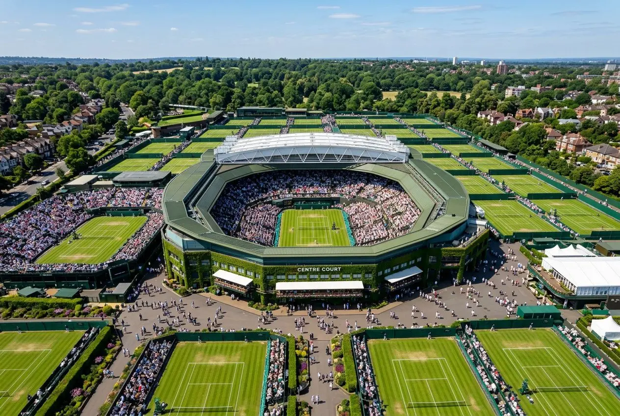 Aéroport d’un tournoi de tennis Wimbledon: vue aérienne du court central et des terrains adjacents, ambiance finale messieurs Wimbledon 2026 Nell.