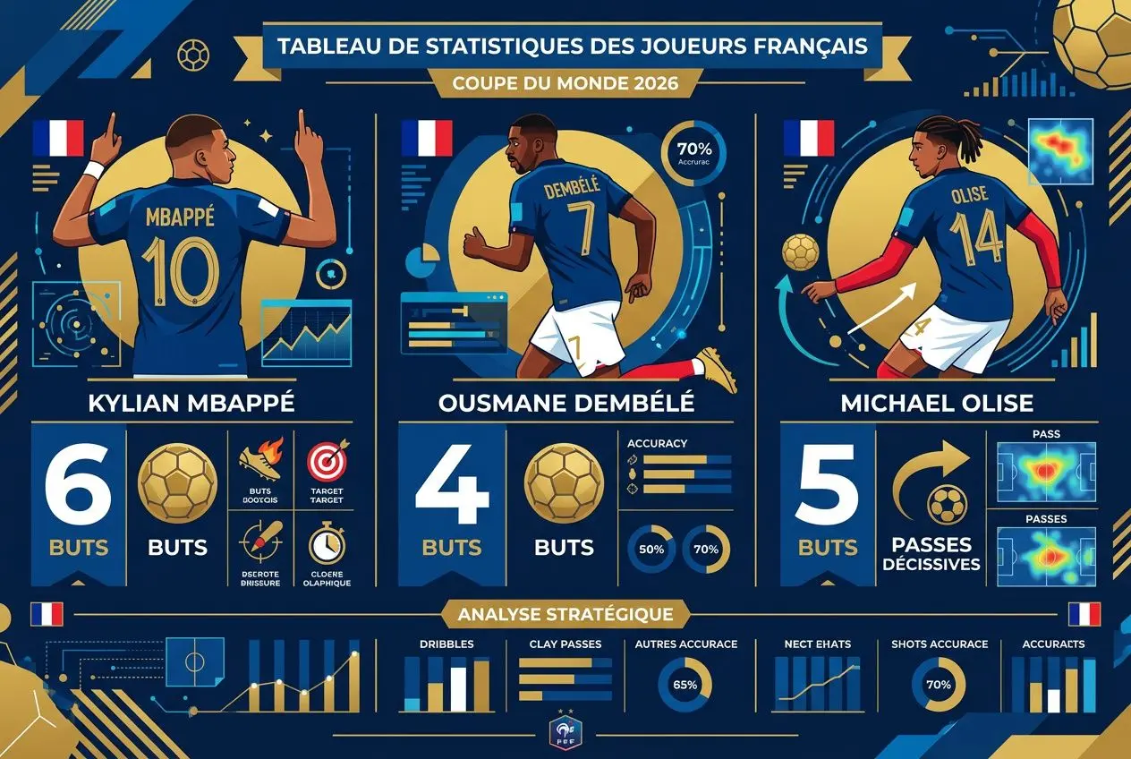 Affichage graphique de statistiques des joueurs français: Kylian Mbappé (0) sur la gauche, Ousmane Dembélé (numéro 7) au centre et Michael Olise (4) à droite, chacun avec ses buts et s; titre "Tableau de statistiques des joueurs Français" et mention coupe du monde 2026. calendrier france coupe du monde 2026