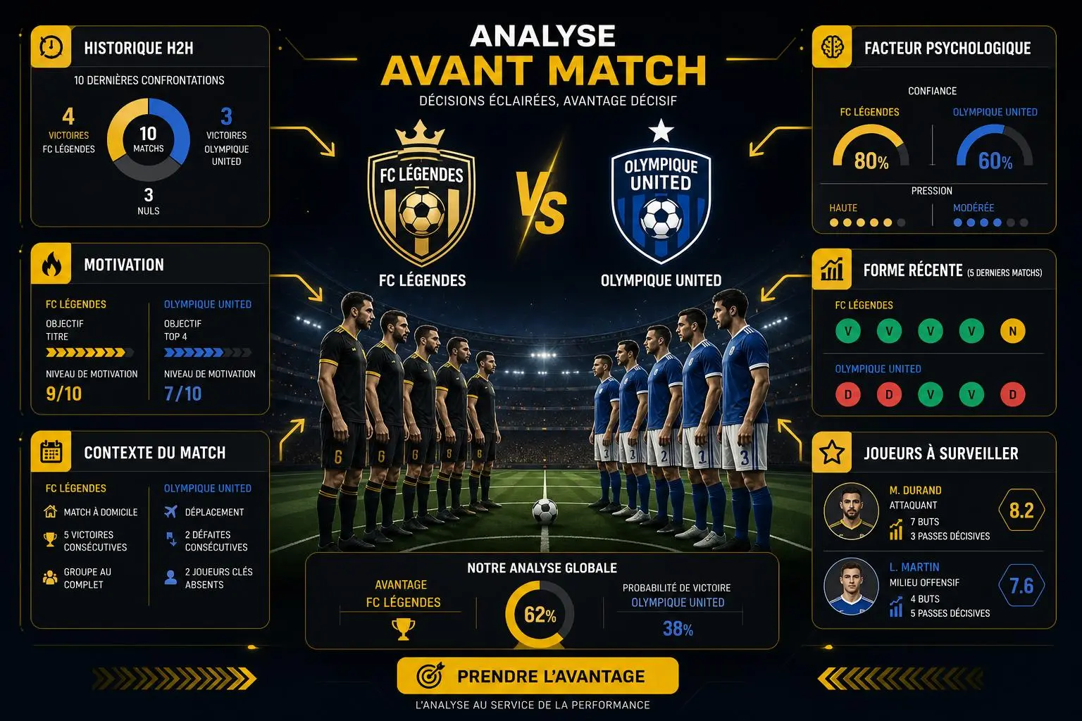 Analyse avant-match : FC Légendes vs Olympique United, avec statistiques, motivation et joueurs à suivre. Comment avoir un bon pronostic foot intégré.