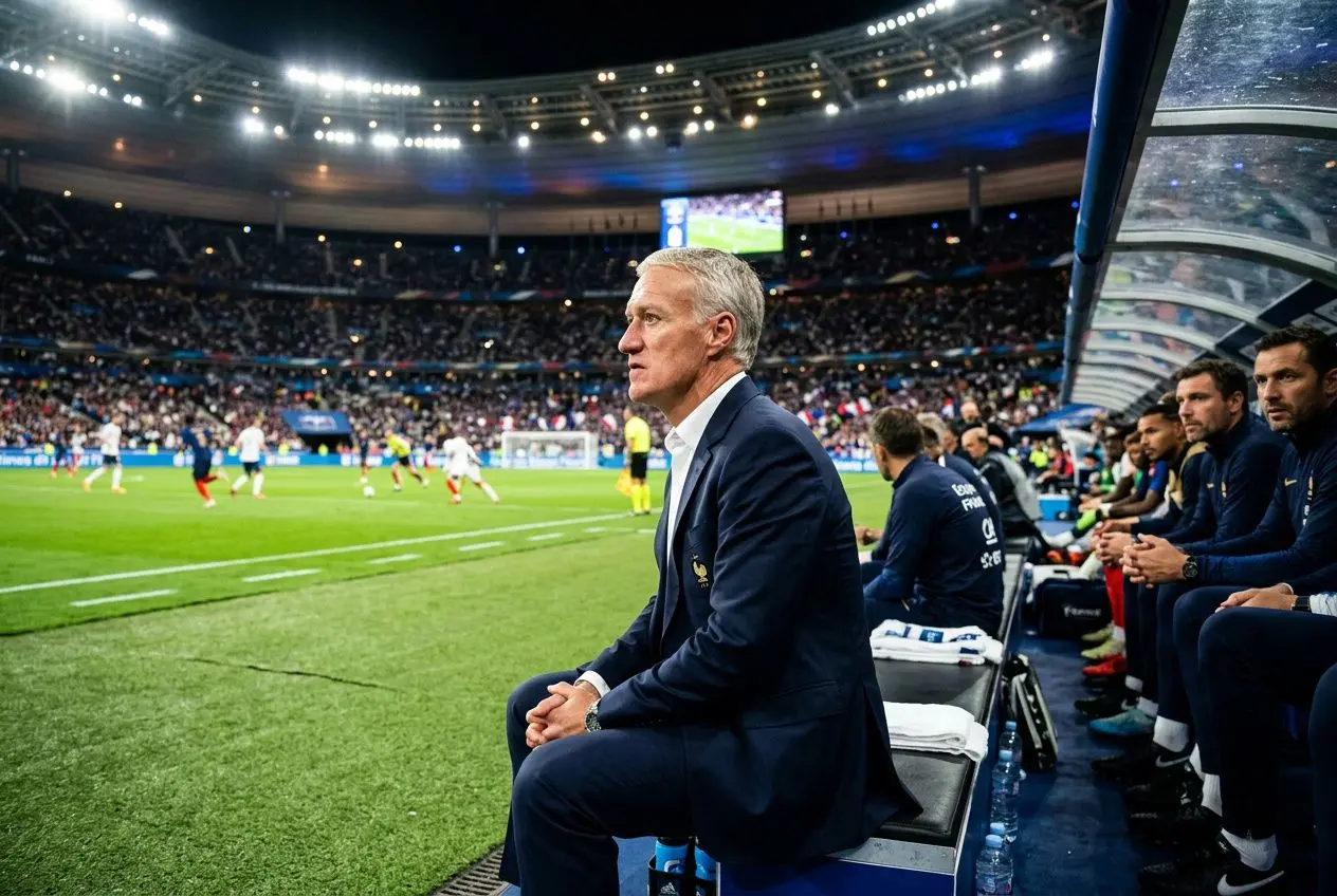 “Analyse des matchs des Bleus” : Didier Deschamps assis sur le banc, stade éclairé et joueurs en action dans le fond.