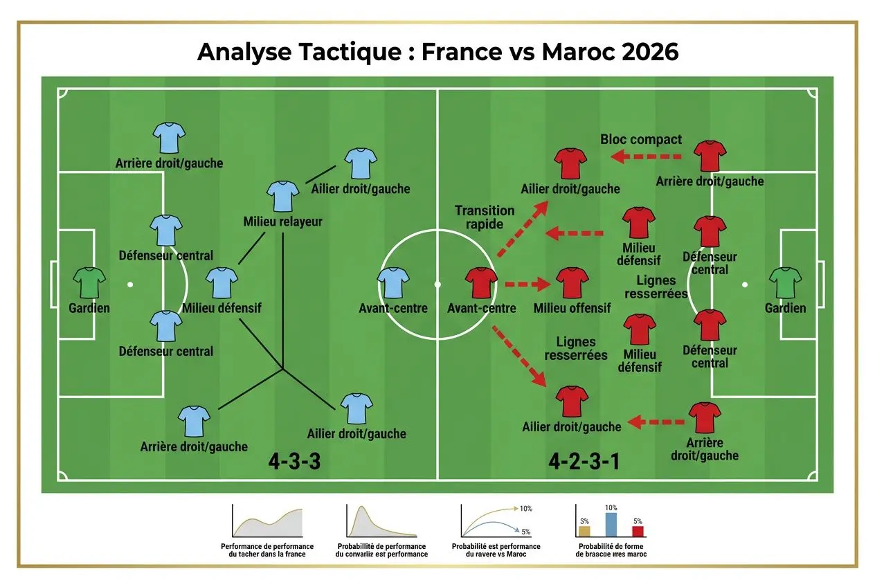 Analyse tactique France vs Maroc 2026: schéma de jeu et transitions en quart de finale, avec 4-3-3 côté France et 4-2-3-1 côté Maroc, routes offensives et défensives illustrées. france maroc football 2026