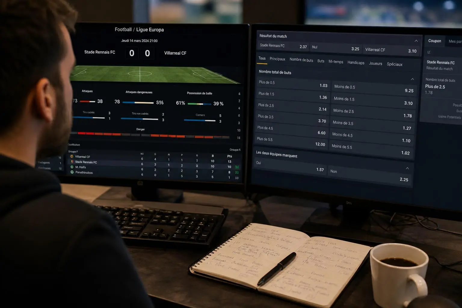 Analyste observant des écrans affichant des statistiques de match et des cotes pour le sport, avec un carnet et une tasse à café sur le bureau, contexte de pronostics sportifs. Comment faire un bon pronostic sportif intégré naturellement.