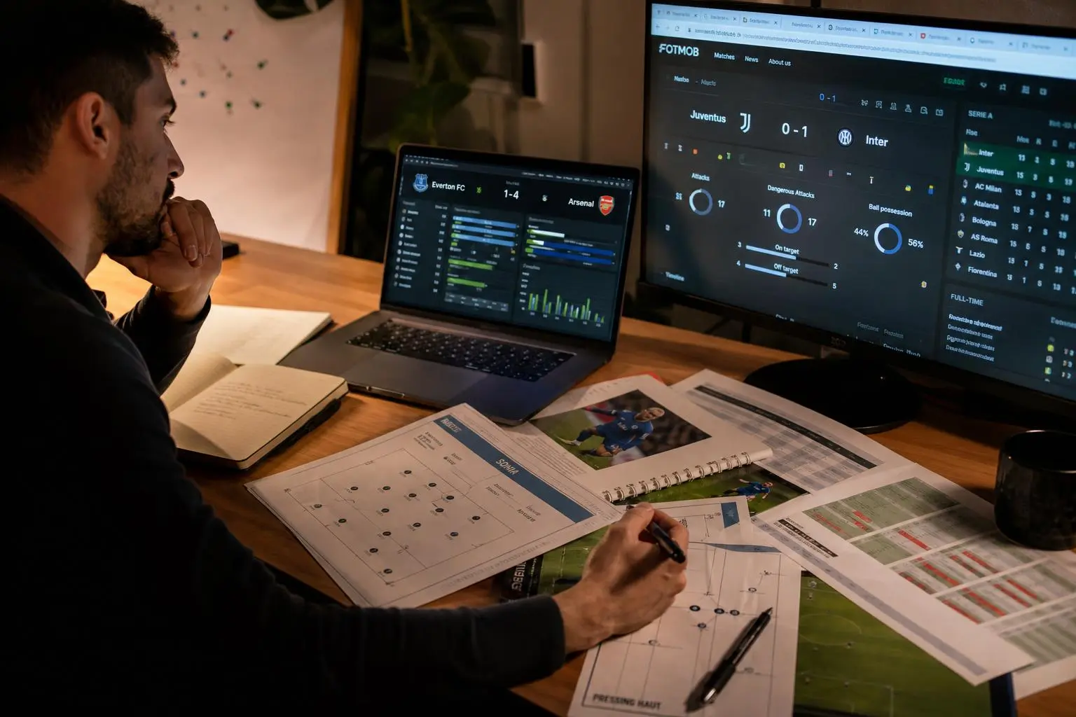 Analyste sportif devant deux écrans et des documents, en train de préparer des pronostics foot. intégrant le thème comment avoir un bon pronostic foot.