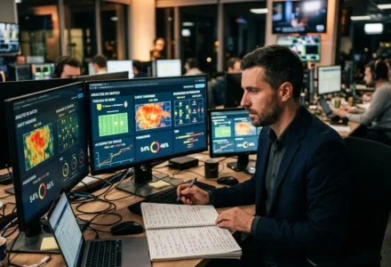 Analyste sportif devant plusieurs écrans affichant des graphiques et statistiques de match, en train de prendre des notes pour commenter comment analyser un match pour parier.