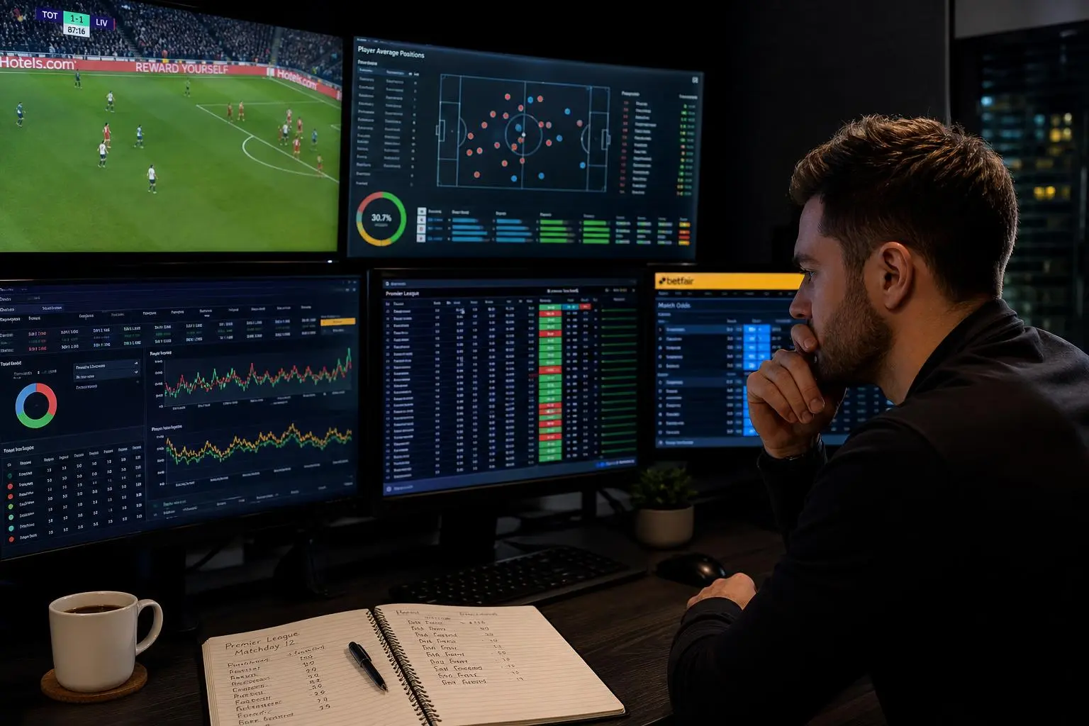 Analyste sportif devant plusieurs écrans affichant des graphiques et statistiques de football, carnet et tasse à café à proximité, prêt à proposer le meilleur pronostic football gagnant du jour.