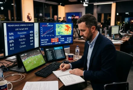 Analyste sportif en studio, écrivant notes devant plusieurs écrans affichant statistiques et graphiques de football.
