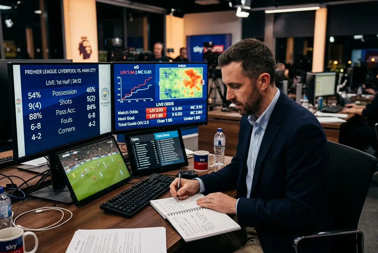 Analyste sportif en studio, écrivant notes devant plusieurs écrans affichant statistiques et graphiques de football.