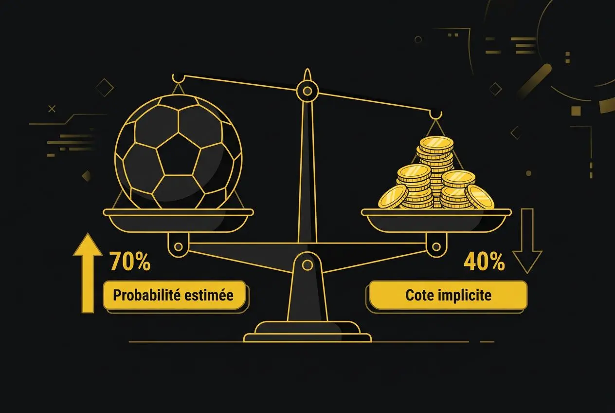 Balance illustrant la prédiction des matchs de football, avec 70% probabilité estimée pour le football et 40% pour la cote implicite, sur fond noir.