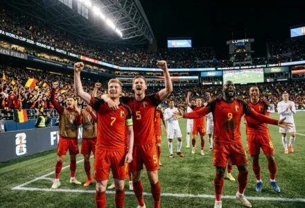 La Belgique célèbre sa victoire 4-1 sur les États-Unis, joueurs en rouge levant les bras en joie devant une foule enthousiaste.