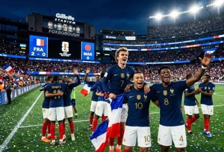 Célébration des Bleus après leur victoire France 2-0 Maroc, en demi-finale, lors du Mondial 2026, ambiance festive sur le terrain et drapeaux tricolores. résultat france maroc 2026