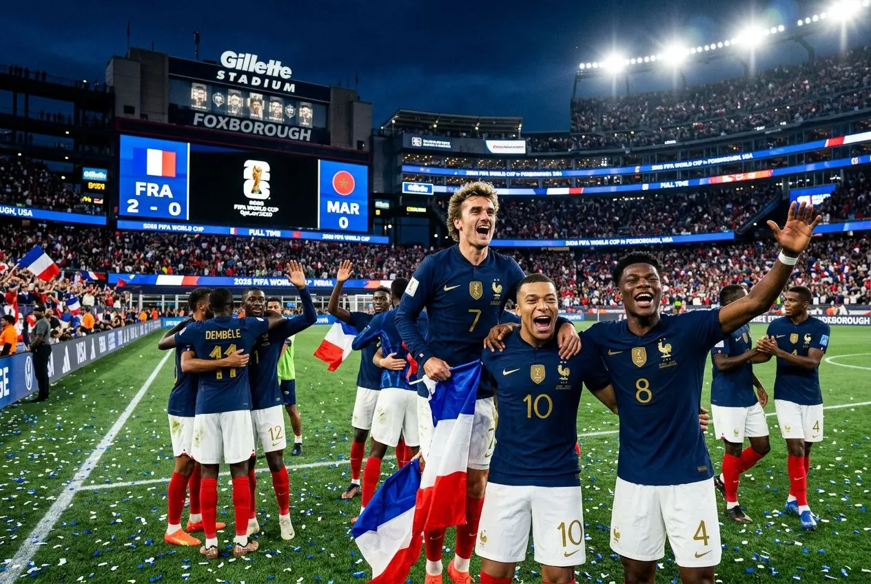 Célébration des Bleus après leur victoire France 2-0 Maroc, en demi-finale, lors du Mondial 2026, ambiance festive sur le terrain et drapeaux tricolores. résultat france maroc 2026