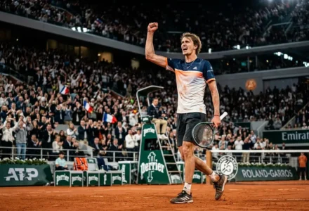 Cerundolo zverev pronostic : Francisco Cerúndolo sur terre battue, célébrant victoire après un match tendu, public enthousiaste en tribunes.