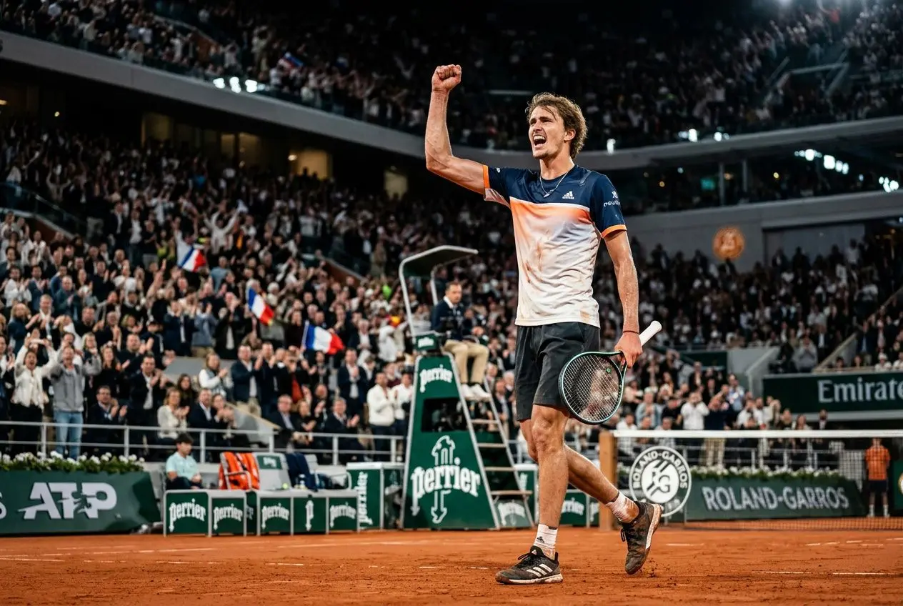 Cerundolo zverev pronostic : Francisco Cerúndolo sur terre battue, célébrant victoire après un match tendu, public enthousiaste en tribunes.