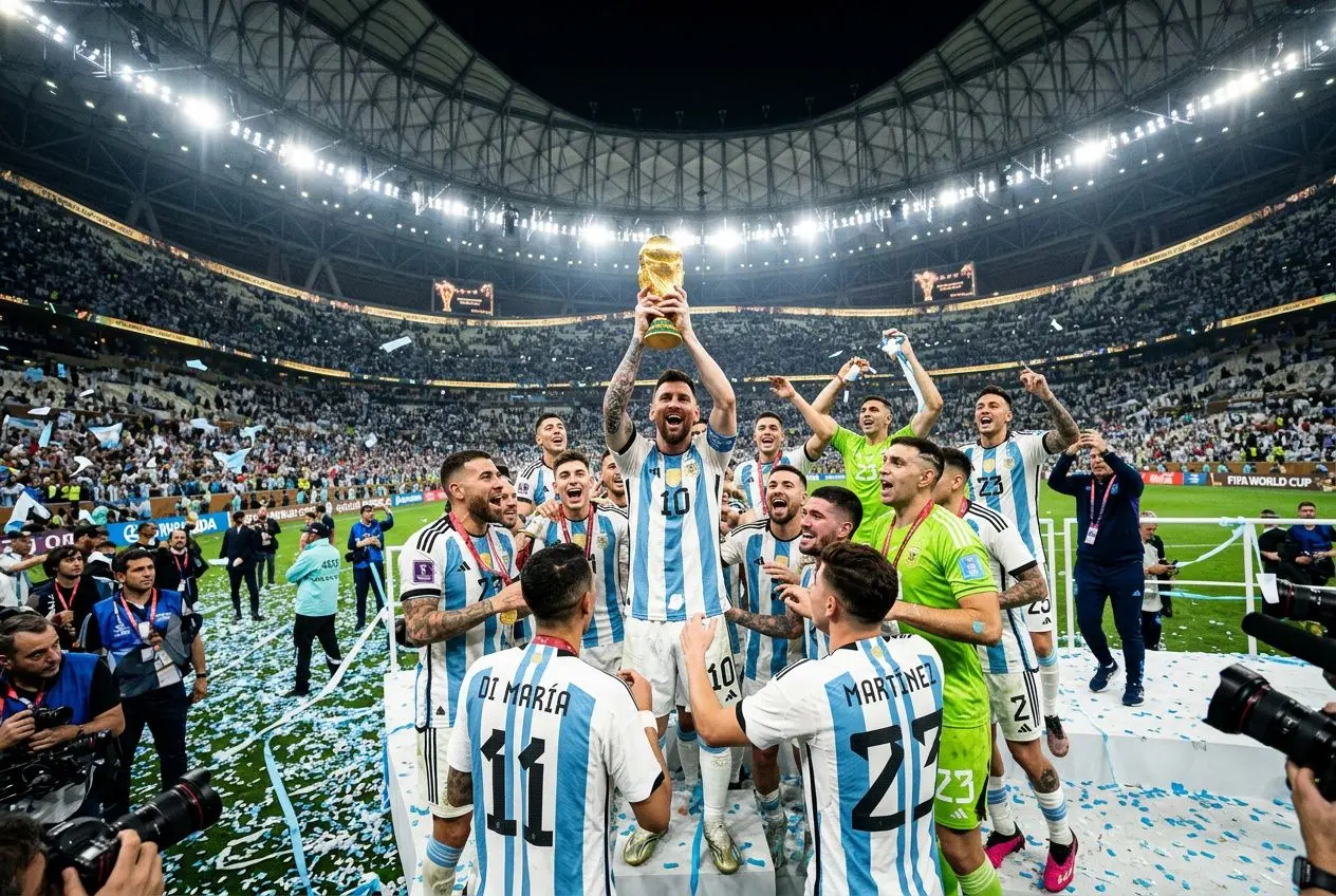 Chances de l'Argentine en coupe du monde 2026: Messi et l'Argentine fêtent leur victoire en finale devant leurs supporters.