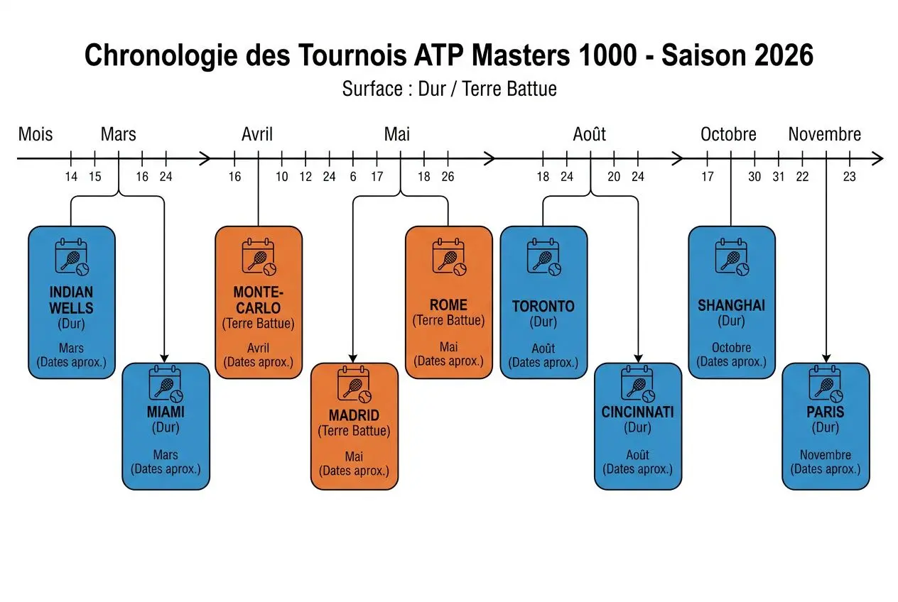 Chronologie des tournois ATP Masters 1000 - Saison 2026 sur surface dur/terre battue, affichant les dates et villes: Indian Wells, Miami, Monte-Carlo, Madrid, Rome, Toronto, Cincinnati, Shanghai, Paris, avec périodes mars à novembre. Inclut le mot-clé atp tour 2025.
