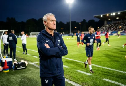 Coach france coupe du monde 2026: Didier Deschamps sur le banc lors d’un entraînement nocturne, entouré de joueurs et du staff sur le terrain.