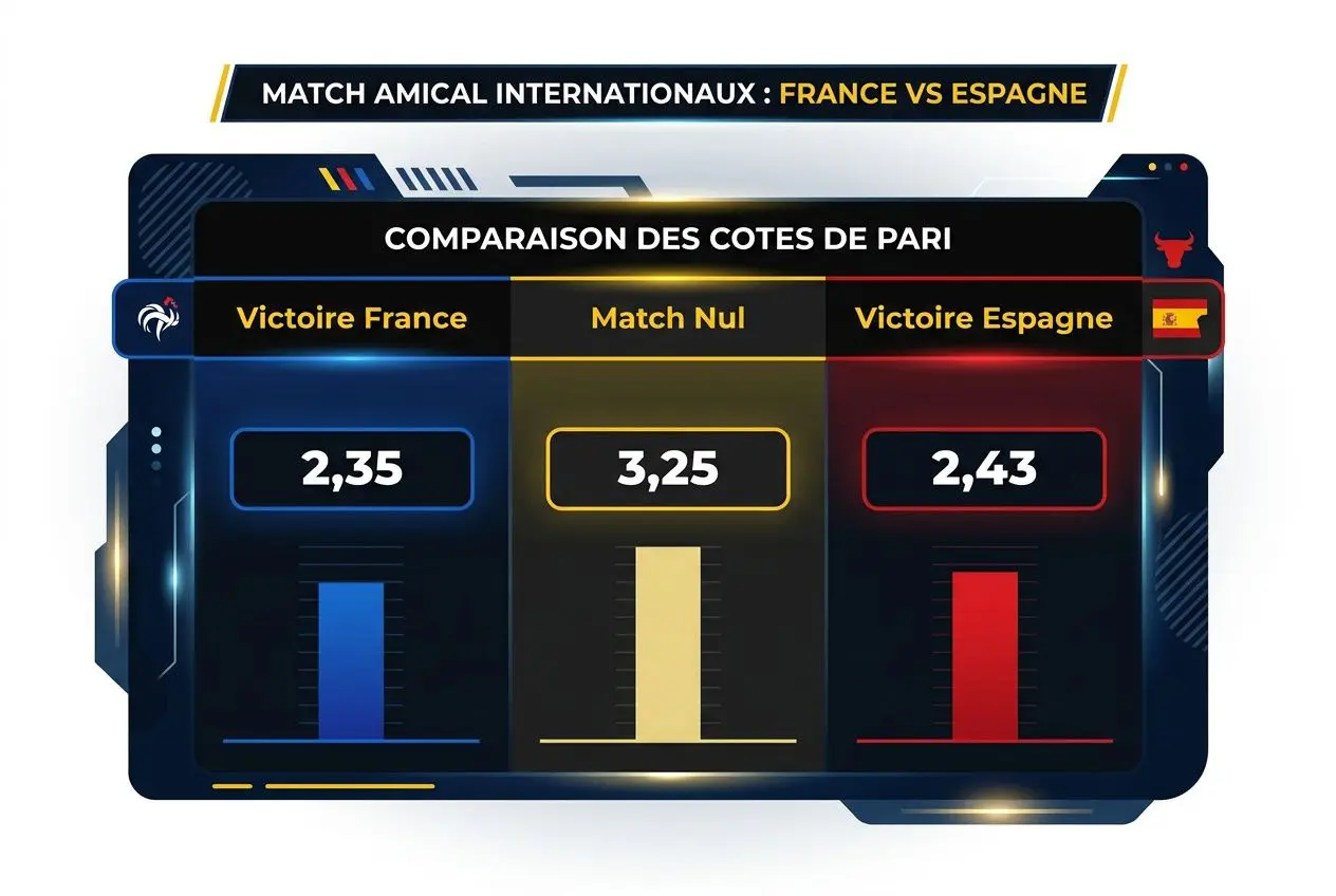 Comparaison des cotes de pari pour le match France vs Espagne avec victoire France à 2,35, nul à 3,25, victoire Espagne à 2,43 – prédiction france espagne match affichée.