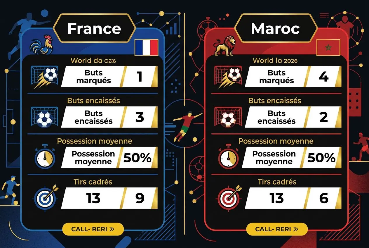 Comparatif visuel: stats du France vs Maroc Coupe du Monde FIFA 2026, buts marqués/enencassés, possession moyenne à 50%, tirs cadrés 13 vs 9 (France) et 13 vs 6 (Maroc). pronostic france maroc coupe du monde fifa 2026.