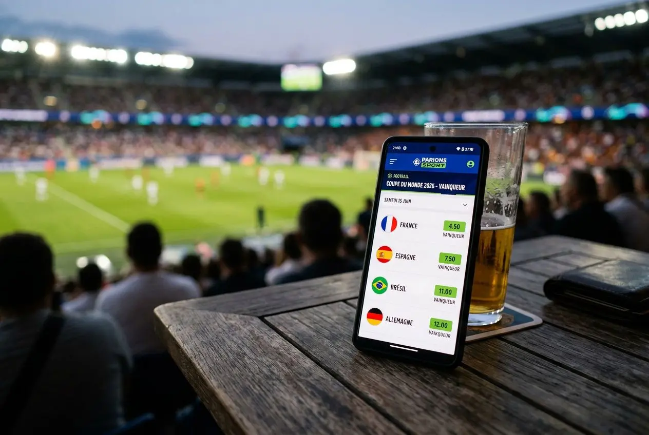 Cote coupe du monde 2026 parions sport : téléphone affichant cotes sur Parions Sport au stade, ambiance festive.