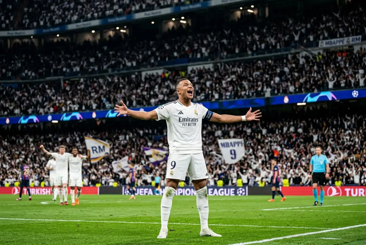 Côté Mbappé buteur aujourd’hui: Kylian Mbappé célèbre sur le terrain, bras ouverts, maillot blanc du Real Madrid, public enthousiaste en arrière-plan.