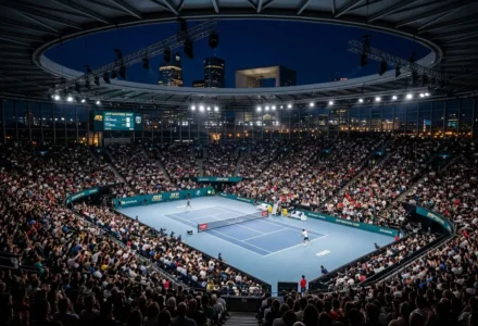 Court central bondé lors du programme Masters 1000 Paris, avec tennismen sur le court et tribunes pleines.