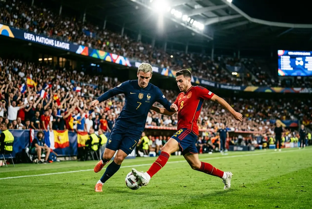 Deux joueurs en action lors d’un match France contre Espagne, l’un en bleu et l’autre en rouge, duel pour le ballon sur le terrain devant une tribune bondée. pronostic france espagne foot intégré.