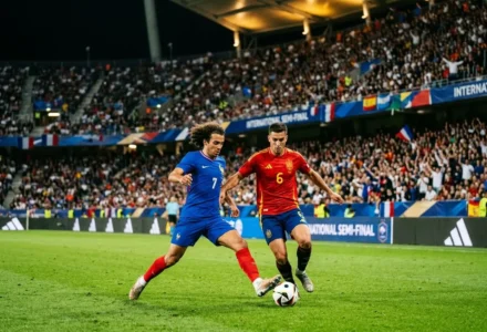 Deux joueurs en action lors d’un match international: un Français en bleu contrôle le ballon face à un Espagnol en rouge sur un terrain vert, devant une foule dense. France Espagne score en direct.