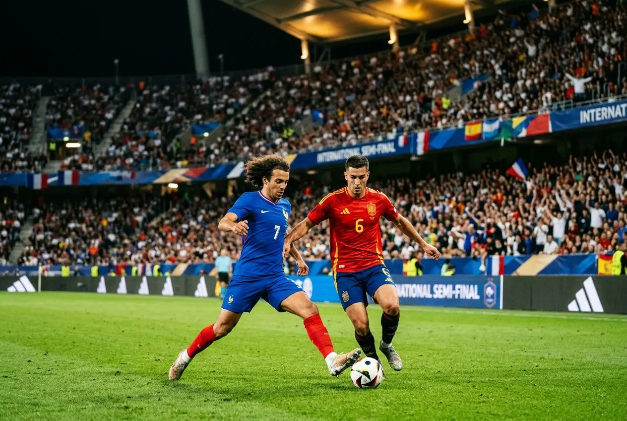 Deux joueurs en action lors d’un match international: un Français en bleu contrôle le ballon face à un Espagnol en rouge sur un terrain vert, devant une foule dense. France Espagne score en direct.