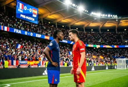 Deux joueurs, l’un en bleu France et l’autre en rouge Espagne, se regardent sur le terrain devant un stade comble. Comment parier france espagne football, match pré-match.