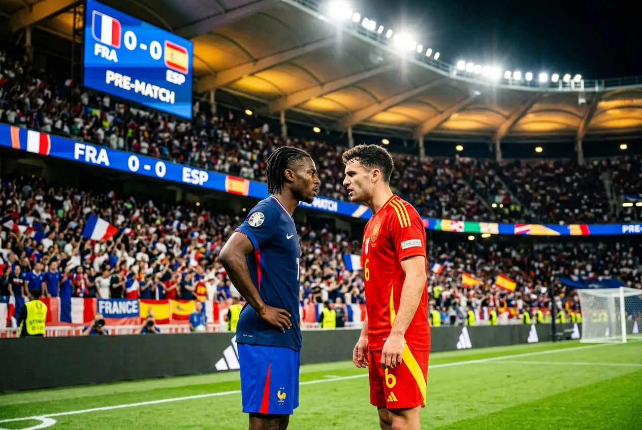 Deux joueurs, l’un en bleu France et l’autre en rouge Espagne, se regardent sur le terrain devant un stade comble. Comment parier france espagne football, match pré-match.