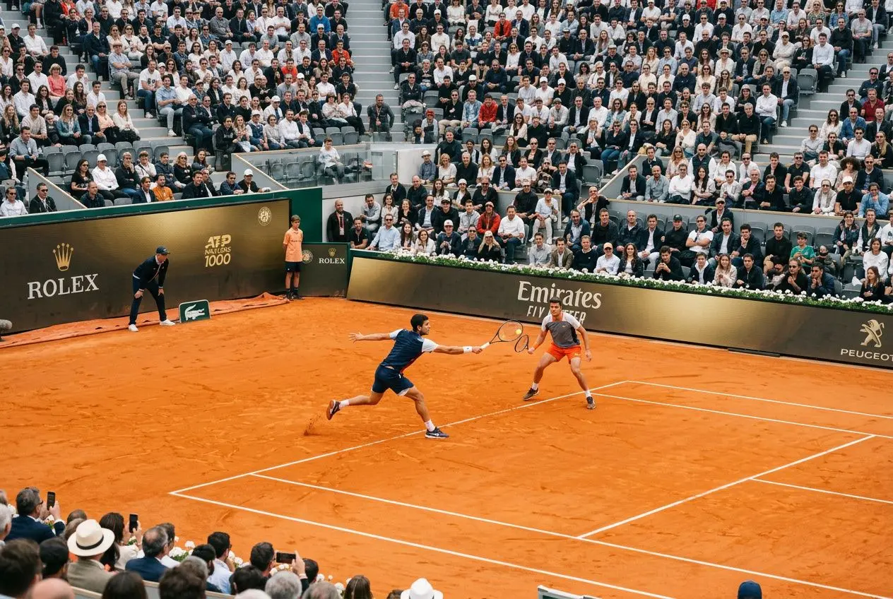 Deux joueurs de tennis en action sur terre battue lors d’un match, entourés d’un grand public dans les tribunes. atp tour 2025
